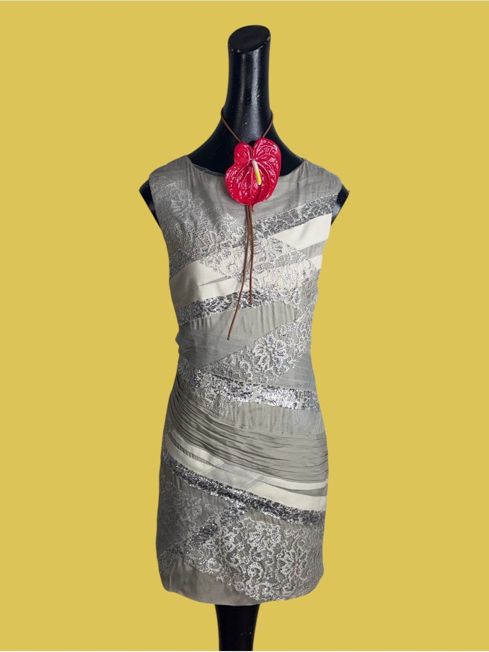 Alice + Olivia Ivory & Silver Strapless Sequin Lace Dress